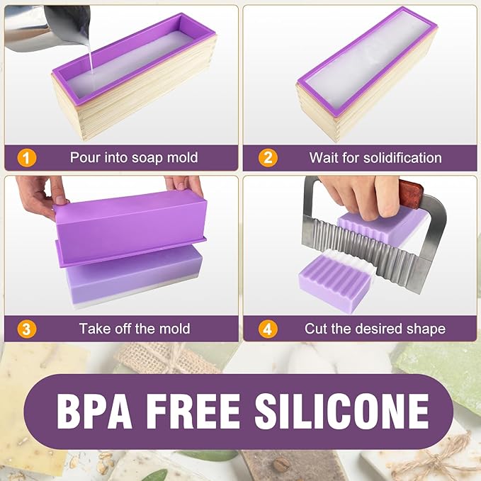 Walfos Soap Mold - Flexible Rectangular Loaf Mold Comes with Wood Box,Silicone Soap Molds with Stainless Steel Wavy + Straight Scraper for Soaps Making 42oz,Purple