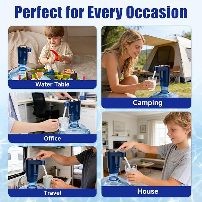 Dual Pump Water Dispenser for 5 Gallon Bottle, Electric Water Bottle Pump with Water Jug Cap, Powerful Flow, USB Rechargeable Automatic for Home, Office, Camping-Blue