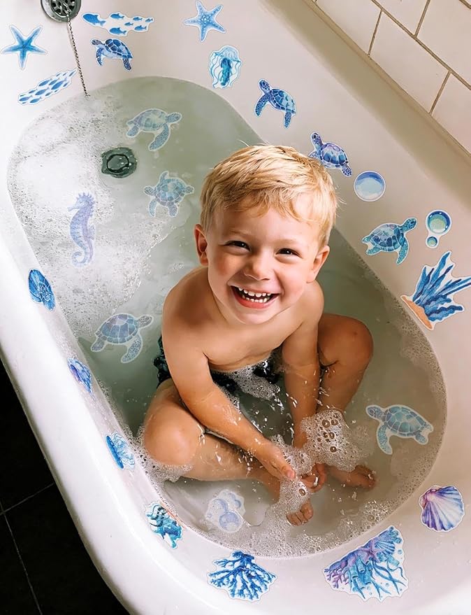 26Pcs Non Slip Bathtub Stickers, Cute Turtle Stickers with Scraper, Sea Creature Anti Slip Bath Tub Shower Decal with Adhesive Back for Bathroom, Shower Stairs