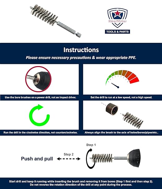 [8-Size] Bore Brush Set, Stainless-Steel Wire Cleaning Brushes for Power Drill, 1(1/8) to 1/4-inch Diameter in 1/8-in increments (29, 26, 22, 19, 16, 13, 10, 7 mm), with Rotation Direction on Tag
