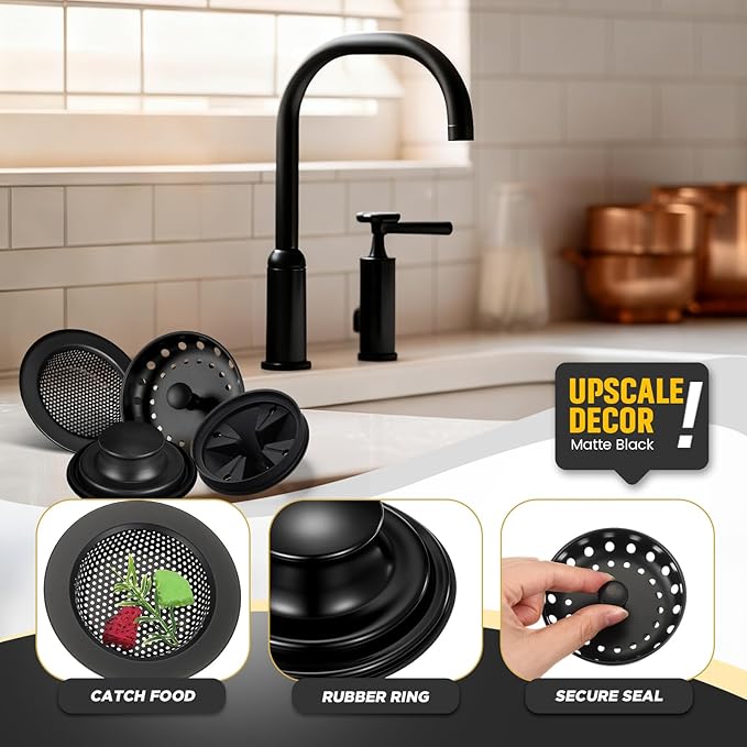 4 Pcs Matte Black Kitchen Sink Accessories Garbage Disposal Splash Guards 3.4'' Sink Drain Strainer and Stopper Stainless Steel Garbage Disposal Plug for Kitchen Drain Strainer
