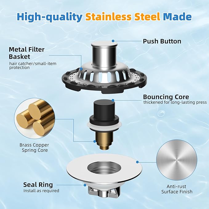 2PACK Universal Bathtub Drain Stopper Shower Hair Catcher Bathroom Sink Strainer, Tub Stopper with Visible Top Strainer, Brass Metal 3 in 1 Pop-up Stopper for Standard 1.1''~2.36'' Hole, Chrome