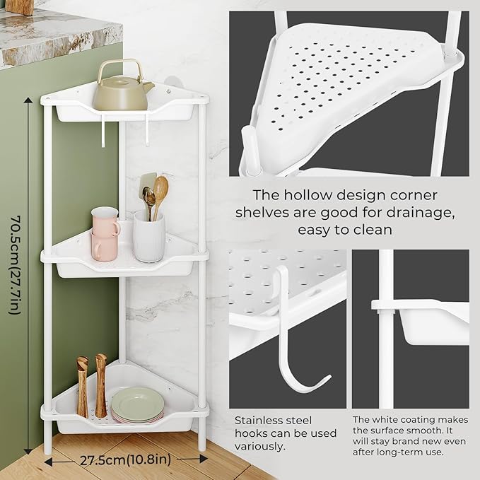 ODesign 3 Tier Corner Shower Caddy Standing Floor Standing Corner Shower Caddy Organizer Shower Table Plastic Metal Splicing Shelf Storage Rack for Bathroom White- Rustproof