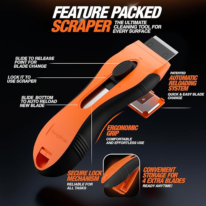 Razor Blade Scraper Tool | 18 Extra Blades, Unique Auto-Reload Mechanism, Dual Storage Compartment, Cleaning Razor scraper for Kitchen, Glass, Cooktop, Stovetop, Oven, Paint, Window, Sticker