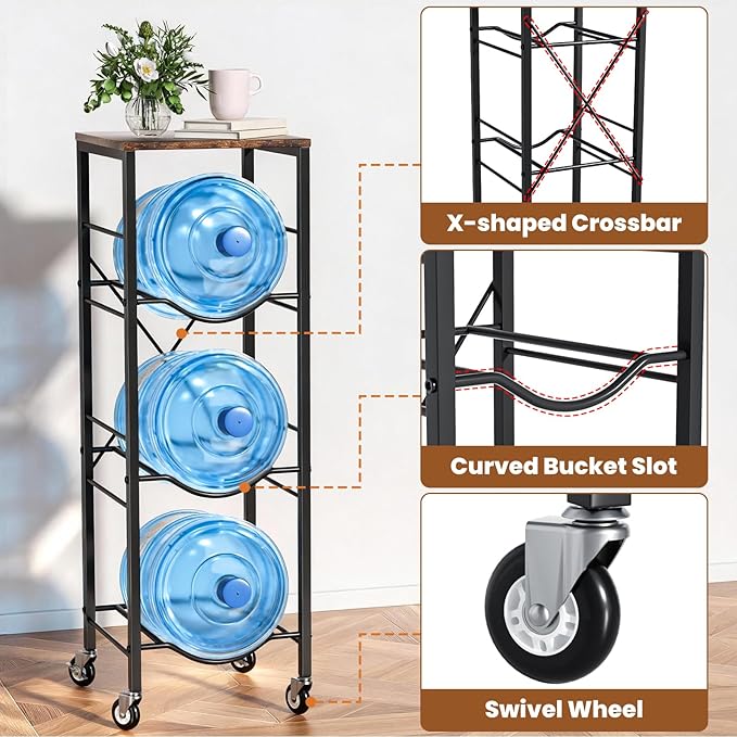 5 Gallon Water Jug Holder - 3-Tier Water Jug Rack with Wheel Reinforced X-Shape Design, 5 Gallon Water Jug Stand with Storage Shelves for Kitchen, Living Room, Office