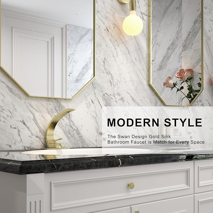 Brushed Gold Bathroom Faucet,Modern Single Hole Bathroom Sink Faucet,High Arc Brass Basin Mixer with 1 Hole or 3 Hole Mount 6-Inch 10-Inch Deckplate,Pop Up Overflow Drain Assembly Included