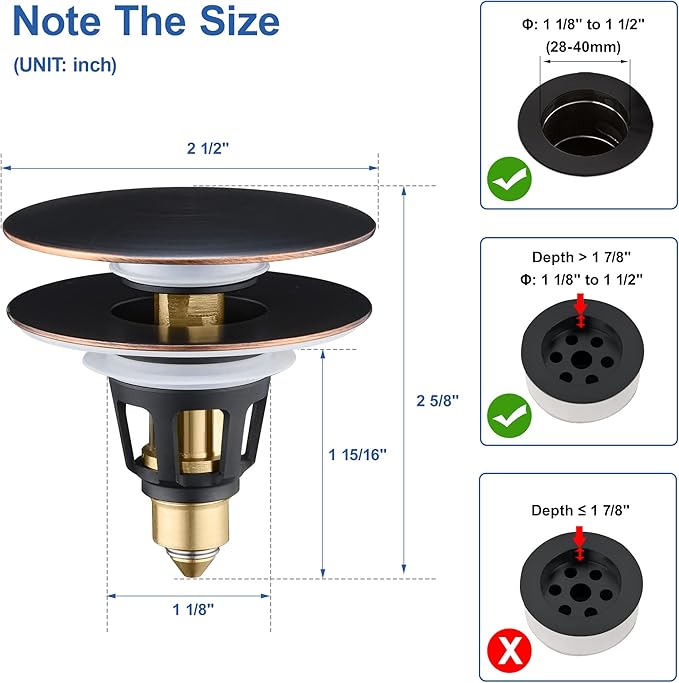 Universal 3-in-1 Bathroom Sink Stopper - Pop Up Sink Drain Stopper, Push Button Sink Drain Stopper Replacement, Wash Basin Drain Filter Plug with Anti-Clogging Strainer, Oil Rubbed Bronze