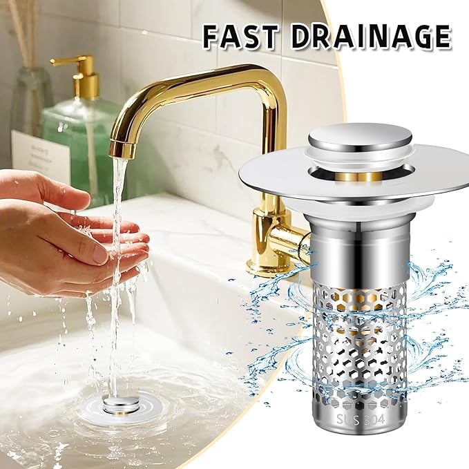 2Pack Bathroom Sink Stopper 1.06"-1.50", Universal Bathroom Sink Drain Pop Up Stopper for US Bathroom Sink Stainless Steel Floor Drain Filter, U.S. Standard Universal Drain Filter (Silver)