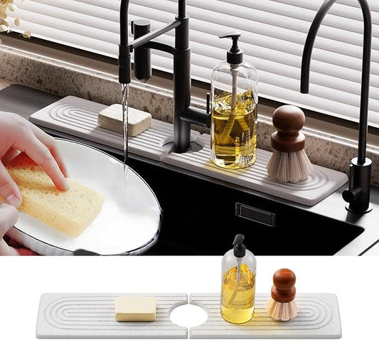 Quick Dry Sink Splash Guard - 15.8" Instant Dry Diatomaceous Earth Sink Faucet Mat for Kitchen and Bathroom Faucets - Highly Absorbent Faucet Mat, White