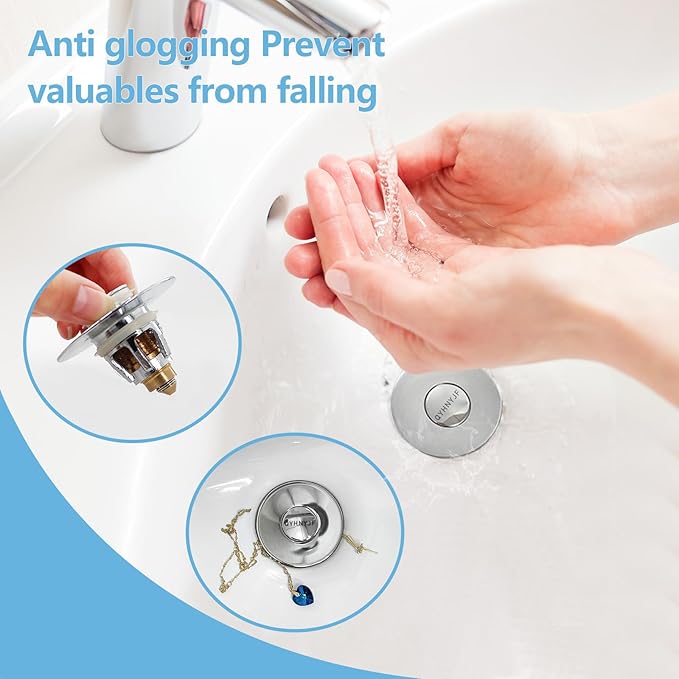 Bathroom Sink Stopper with Hair Catcher – Universal Pop-Up Drain Strainer for 1.1–1.5 inch US Standard Sink Drain Holes, Includes 2 Sets of Silicone Gaskets