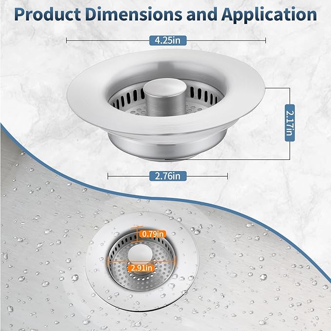 Kitchen Sink Drain Strainer,Stainless Steel 3-in-1 Pop-up Sink Stopper with Sealing Ring, Anti-Clog & Odor-Proof Drain Filter, Fits 3-1/2 Inch Sink Drain Holes, Easy Installation
