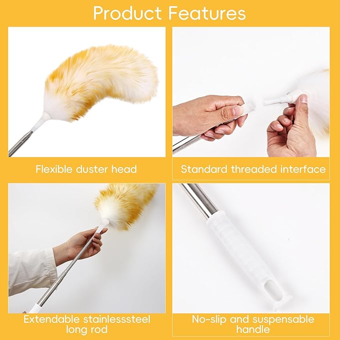 Lambswool Extendable Removable Duster 29-110 Inch Stainless Steel Extension Pole Wool Dusters for Cleaning Ceiling Fans Window Blinds Car Interiors Furniture Dusting,Feather Duster