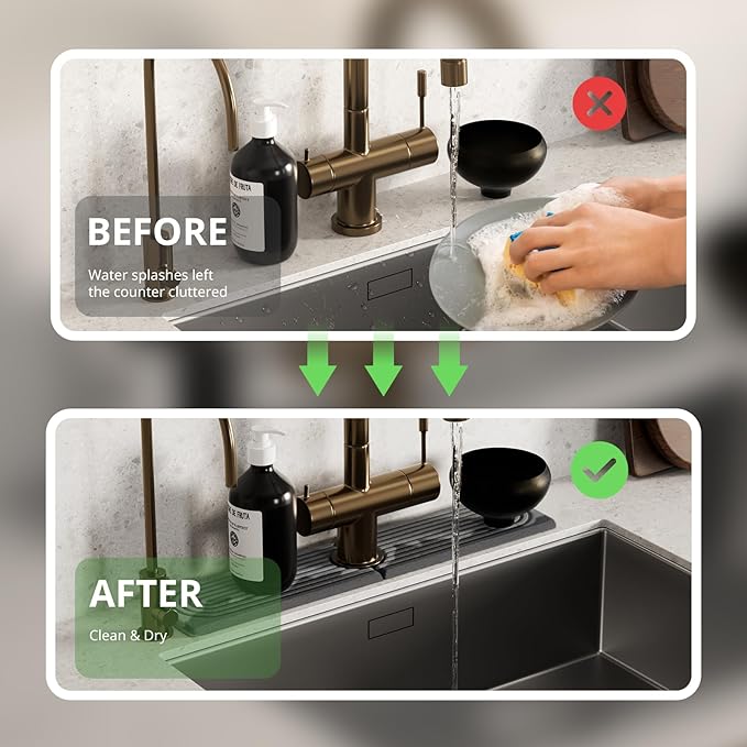 Quick Dry Sink Splash Guard - 15.8" Instant Dry Stone Sink Tray for Faucets - Absorbent Diatomaceous Earth Faucet Mat for Kitchen Countertop and Bathroom - Dark Gray