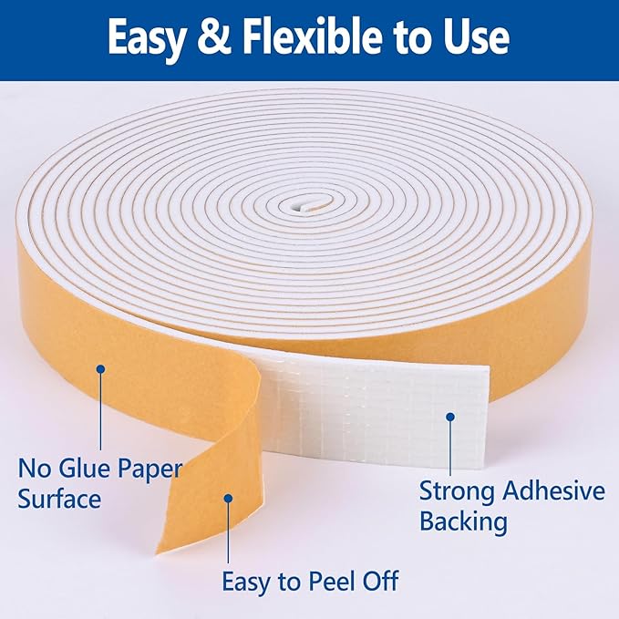 Self-Adhesive High Density Foam Insulation Strips - 1/2in x 3/8in x 16.5Ft Weatherstrip with Strong Adhesive for Door and Window Soundproofing