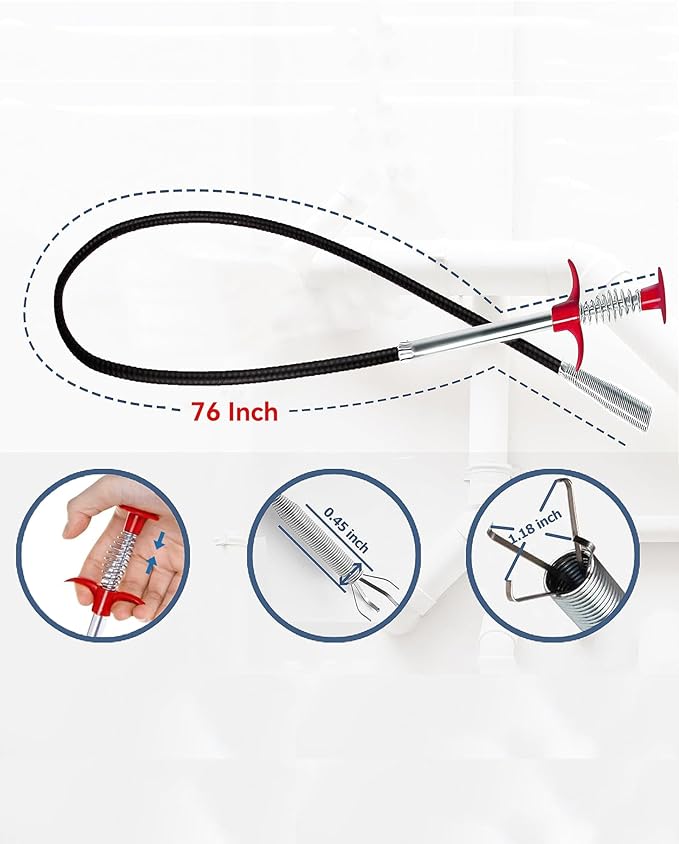 Drain Snake 76Inch, Unclog Drain Tool for Bathroom Sink, Shower, Bathtub, Car & Tight Spaces,Flexible Sink Snake Drain Cleaner Tool Set, Sink Declogger, Hair Puller from Drain