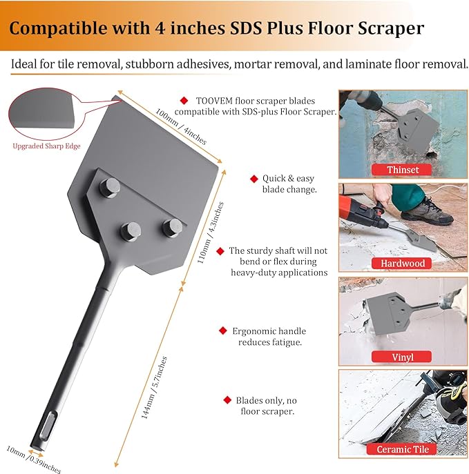 2 Pcs SDS Plus Floor Scraper Replacement Blades, TOOVEM 4 Inch Wide Tile Thinset & Adhesives Removal Blades with Bolts, Nuts, and Washers for 4" x 10" SDS Plus Floor Scrapers