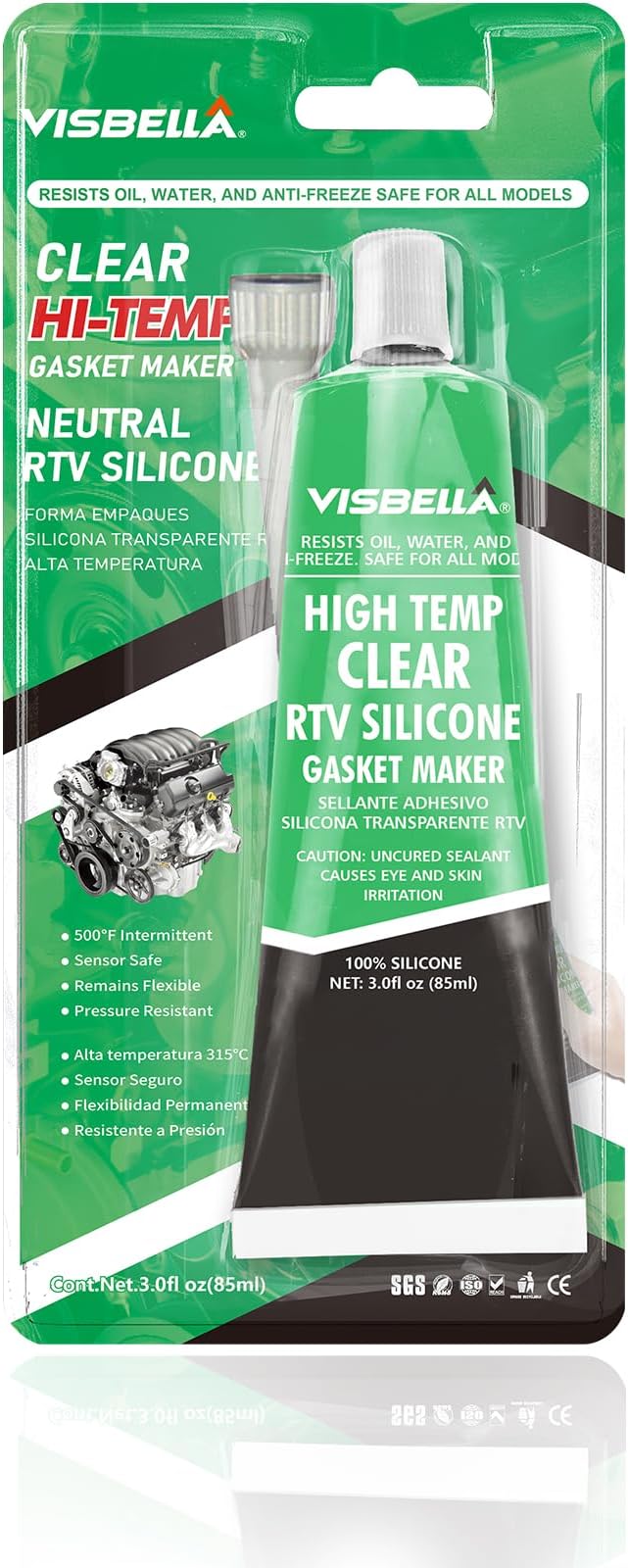 Visbella High Temperature RTV Silicone Gasket Maker, Sealed Oil Resistant Waterproof Quick Dry Liquid for Bonding Internal Combustion, Steam Turbines, Automotive Engine Parts 3.7OZ (Clear)