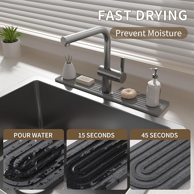 Faucet Mat for Kitchen Sink, Diatomite Stone Drying Sink Protectors, Bathroom Faucet Splash Guard, Quick Dry Water Absorbing, Non-Slip Stone Tray for Kitchen Counter, Grey, 15.7" x 3.9"