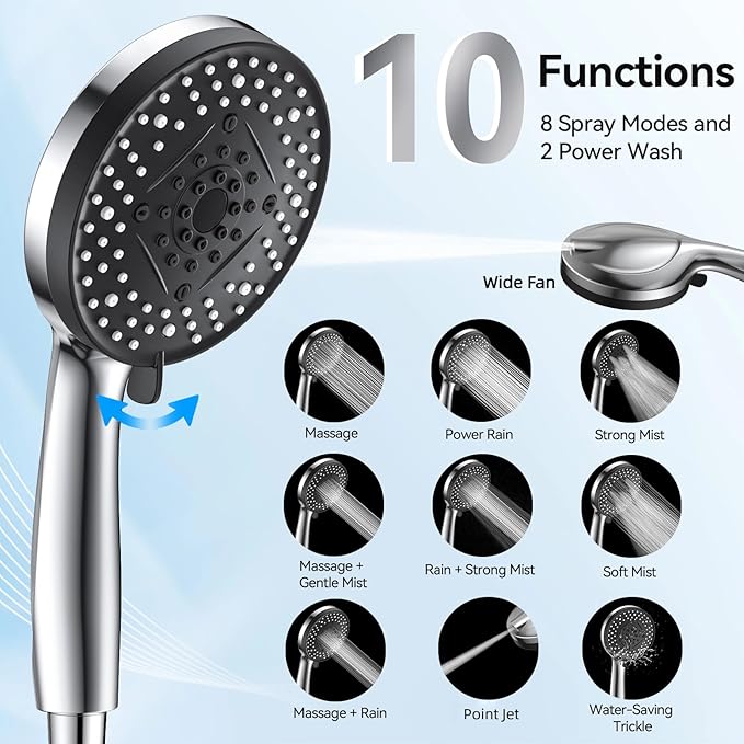 VOXON Shower Head High Pressure 10 Functions, Built-in 2 Power Wash Mode to Clean Corner, Non-Clogging Nozzles, Leakproof Stainless Steel Hose&Adjustable Bracket,for Man, Women, Pet