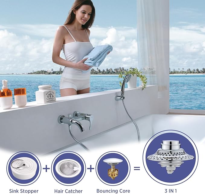 2 Pack Universal Bathtub Drain Stopper with Removable Hair Catcher, 3-in-1 Pop-up Drain Plug Fits 1.38 to 2.1 Inch Holes, Upgrade Shower Drain Cover with Stainless Steel Filter