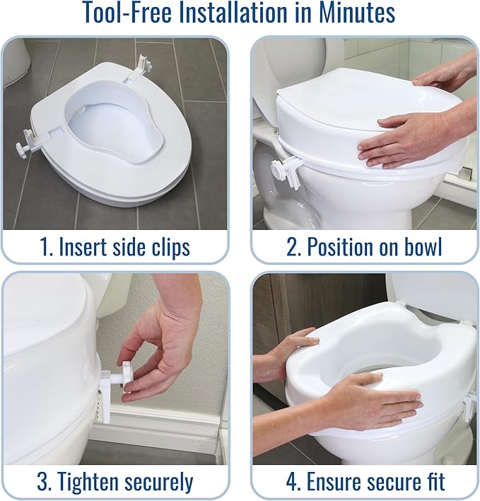 HealthSmart Locking Raised Toilet Seat Riser for Seniors, 4" Elevation with Lid, Fits Round and Elongated Toilet Bowls, Secure Easy Locking Clamps, 418 lb Capacity, Quick Assembly