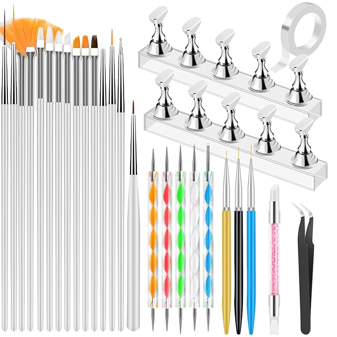 YOOVR Nail Art Tools Set, Nail Stand for Press on Holder for Painting Nails, Nail Art Brushes, Liner Brushes, Nail Dotting Tool, Must Haves Design Tools Supplies Kit for Nail Tech & Beginners (White)