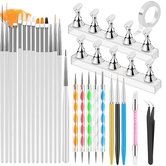 YOOVR Nail Art Tools Set, Nail Stand for Press on Holder for Painting Nails, Nail Art Brushes, Liner Brushes, Nail Dotting Tool, Must Haves Design Tools Supplies Kit for Nail Tech & Beginners (White)