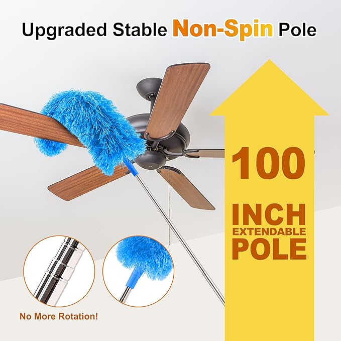 Tiumso 5-in-1 Microfiber Duster Kit with 100” Extension Pole – Reinforced Stainless Steel Telescopic Handle for High Ceiling Fans, Cobwebs & Vents – Multi-Head Dusters for Cleaning with Anti-Spin Pole