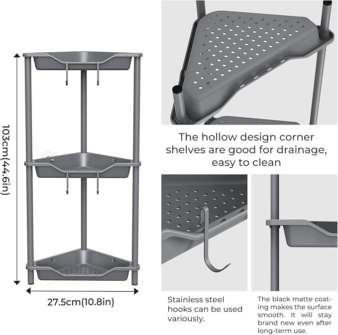 ODesign 3 Tier Floor Standing Corner Shower Caddy Organizer Plastic Metal Splicing Shelf Storage Rack for Bathroom