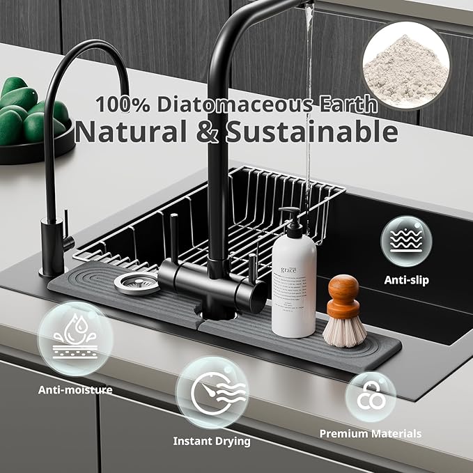 Quick Dry Sink Splash Guard - 15.8" Instant Dry Stone Sink Tray for Faucets - Absorbent Diatomaceous Earth Faucet Mat for Kitchen Countertop and Bathroom - Dark Gray
