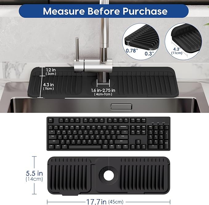 17.7 Inch Silicone Faucet Mat for Kitchen Sink Splash Guard - 7° Slope Upgraded Water Draining Mat with Fasten Button for Bathroom Area(Black, 17.7''x5.5'')