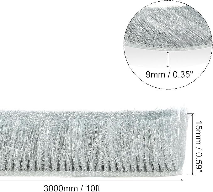 uxcell Weather Stripping Brush, 10ft L x 0.35" W x 0.6" H Self-Adhesive Seal Weatherstrip Sweep Brush Gray for Door Window