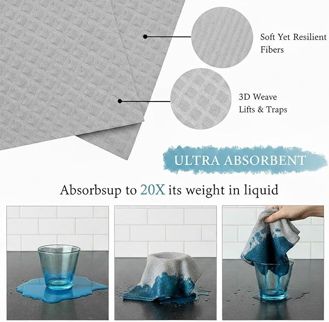 6 Pack Grey Swedish Dishcloths, Reusable & Absorbent Cellulose Sponge Cloths, Washable Quick Drying for Dish Washing Kitchen Bathroom Cleaning