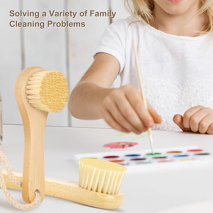 2Pack Laundry Stain Brush with 2Pack Metal Hook, Natural Soft Boar Bristle Scrubber, No Damage for Cleaning Tough Stains on Delicate Fabrics, Shoes, Cotton, Linens