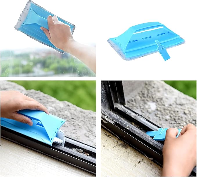 Multifunctional Glass& Window Track Cleaning Tools, Soft Frosted Glass Window Washer Cloth Brush with Study PVA Handle and Scraper, Window Cleaner Tool for Windows, Doors, Tiles (Cute Pink)