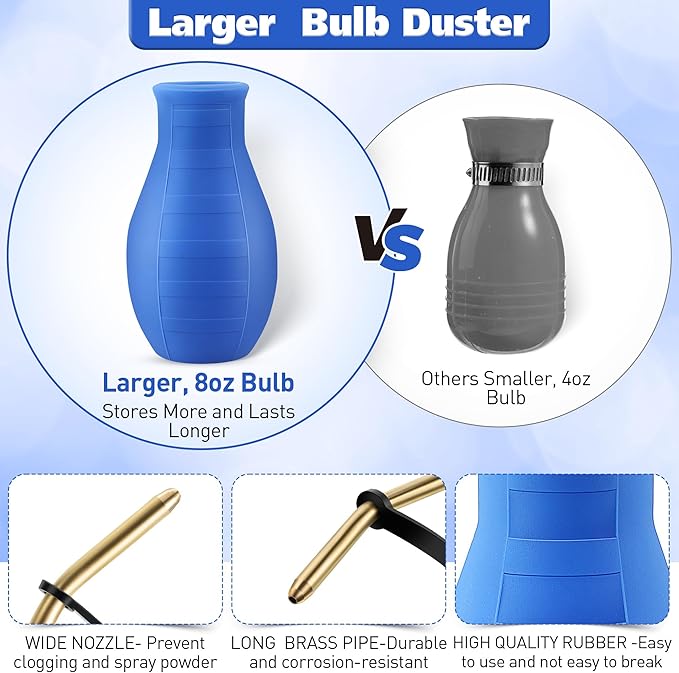 2 Pack Diatomaceous Earth Powder Duster, 8OZ Garden Powder Applicator Dispenser with Long Metal Tube, Bulb Duster Sprayer for Home Organic Gardening Agricultural Supply(Blue)