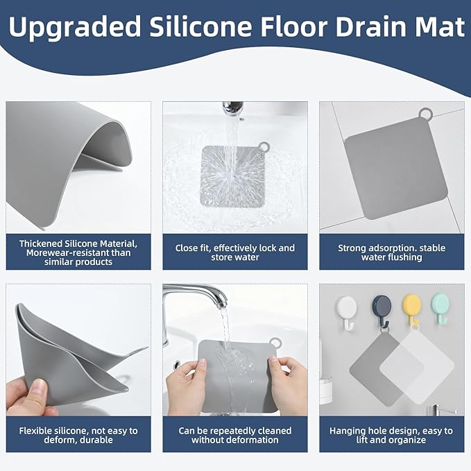 4-Pack Silicone Floor Drain Covers, 6x6 Inch Anti-Odor Mats Deodorizing Plugs, Universal Flat Drain Cover for Shower Tub Stopper, Kitchen, Laundry, Bathroom