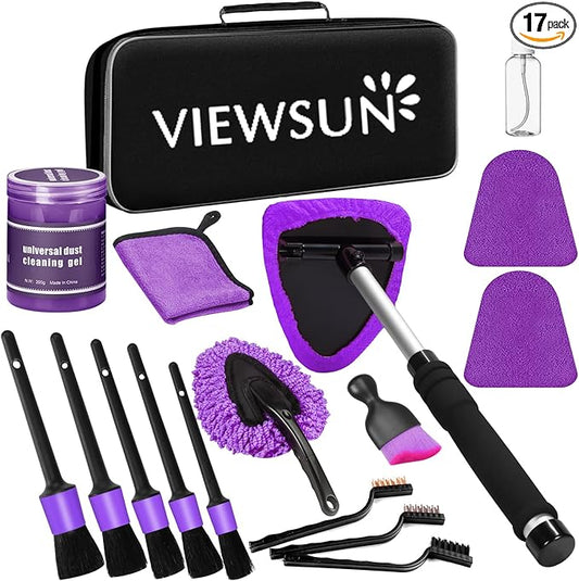 Windshield Cleaner Tool, 17Pcs Purple Car Interior Cleaning Kit, Detailing Kit Cleaner, Detailing Brush, Cleaning Gel, Inside Cleaning Supplies Accessories for Trucks, SUVs, RVs Window