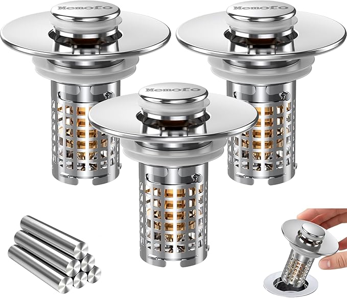 Bathroom Sink Drain Strainer, Stainless Steel Pop-up Strainer Basket Hair Catcher with Removable Basket, Brass Bullet Core, Universal Fit 1.1-2.36 Inch (3PCS)
