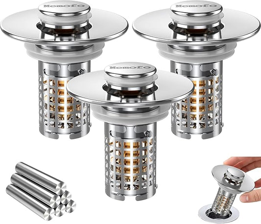 Bathroom Sink Drain Strainer, Stainless Steel Pop-up Strainer Basket Hair Catcher with Removable Basket, Brass Bullet Core, Universal Fit 1.1-2.36 Inch (3PCS)