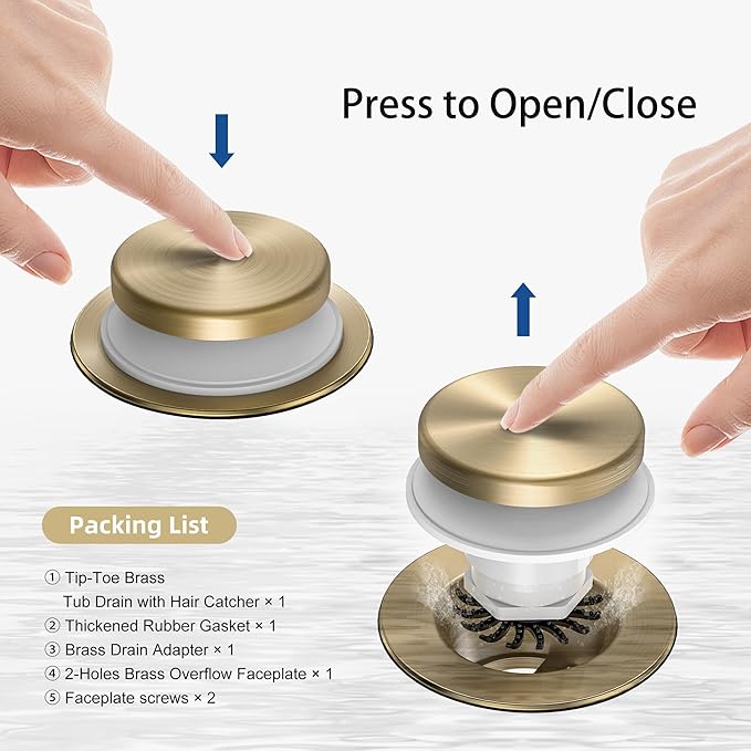 Brushed Gold Tub Drain Kit with Hair Catcher, Premium Brass Tip-Toe Bathroom Tub Drain Replacement and 2-Hole Overflow Faceplate, 11.5/16 UNC Bathtub Drain Stopper Assembly