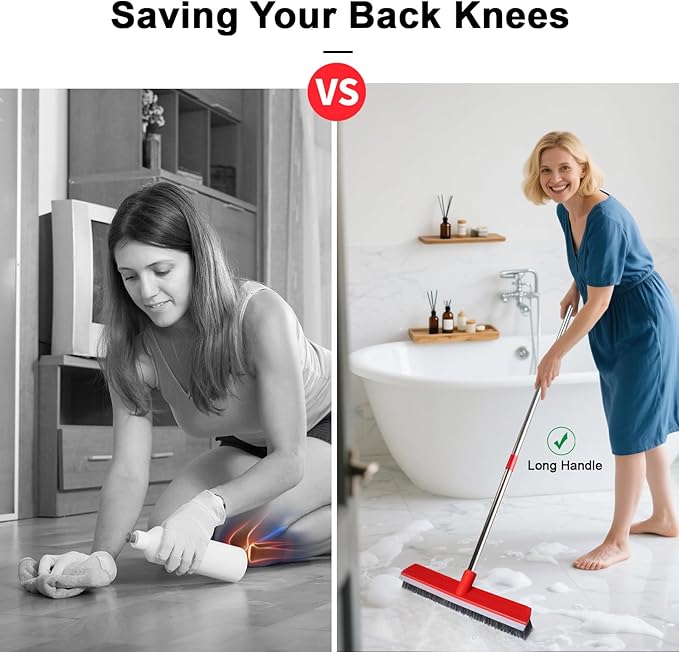 15.7 Inch Floor Scrub Brush Removable Stainless Steel Handle 2 in 1 Scrape Brush Stiff Bristle Shower Scrubber for Cleaning Patio Bathroom Garage Kitchen Wall Deck Tub Tile 52.4 inch Tall