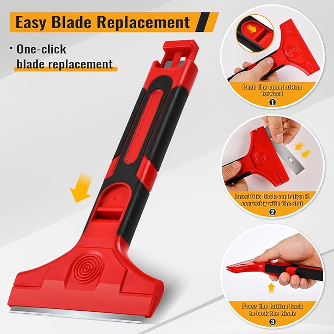 Razor Blade Scraper with Long Handle, 4 Inch Scraper with 15 Pcs Razor Blades, Scrapper for Cleaning Glass Windows, Tile Walls/Floors, Kitchen Stove Top/Oven/Cooktop, Paint/Sticker/Caulk Remover Tool