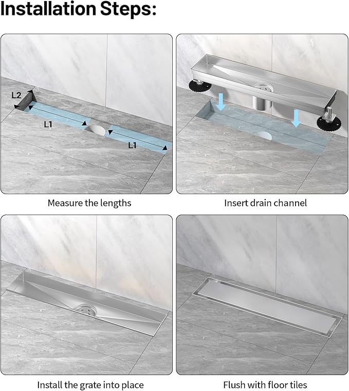 Linear Shower Drain, 304 Stainless Steel with Adjustable Leveling Feet, Hair Strainer,Reversely Install Place to Create an Invisible Floor Drain - Silver -32-Inch