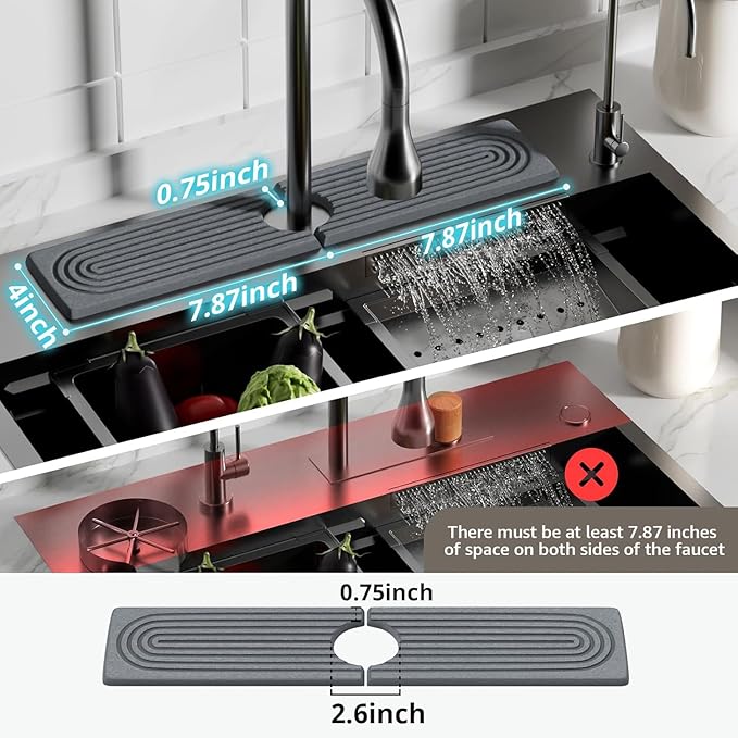Quick Dry Sink Splash Guard - 15.8" Instant Dry Stone Sink Tray for Faucets - Absorbent Diatomaceous Earth Faucet Mat for Kitchen Countertop and Bathroom - Dark Gray