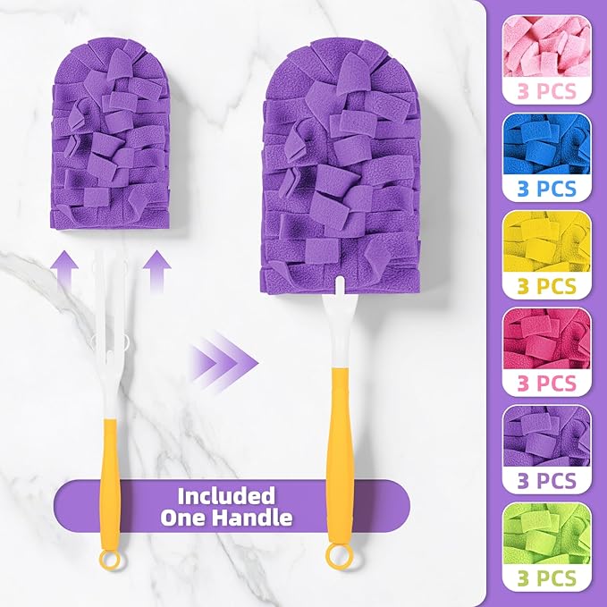 18 PCS Fleece Reusable Duster Refills for Swiffer, Washable Heavy Duty Duster Pads, 360 Cleaning Pads for Fan, Window, Furniture, Floor(Include 1 Handle)