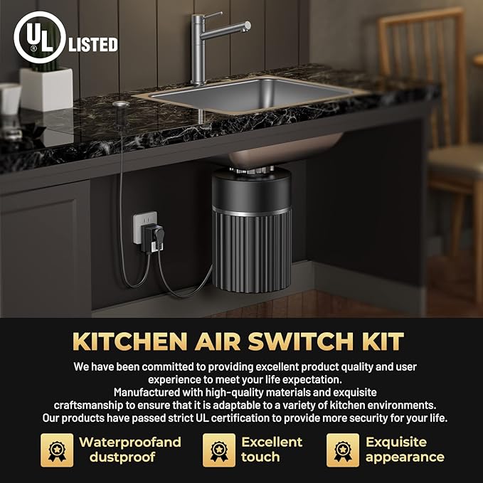Garbage Disposal Air Switch Kit - Professional, UL Listed Wireless Sink Top Garbage Disposal Button, Stainless Steel/Black On/Off, Compatible with all garbage disposals.