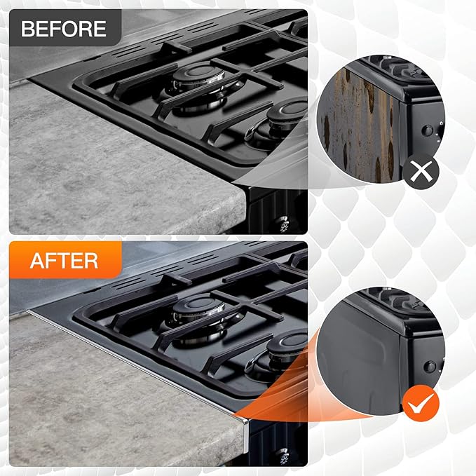 Stove Gap Covers, 25.6" Long & 0.4" Wide Stove Counter Side Gap Guards, Oven Gap Filler with Aluminium, Heat Resistant and Easy to Clean, Range Trim Kit, Left and Right 2 PCS(Silver)