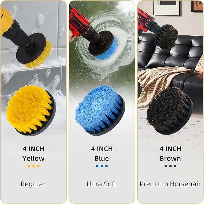 9 Pcs Drill Brush Attachments Set Hard and Soft Bristles Horsehair Brush Cleaning Kit for Home Bathroom Car Kitchen Corners Sink Stubborn Stains Tiles