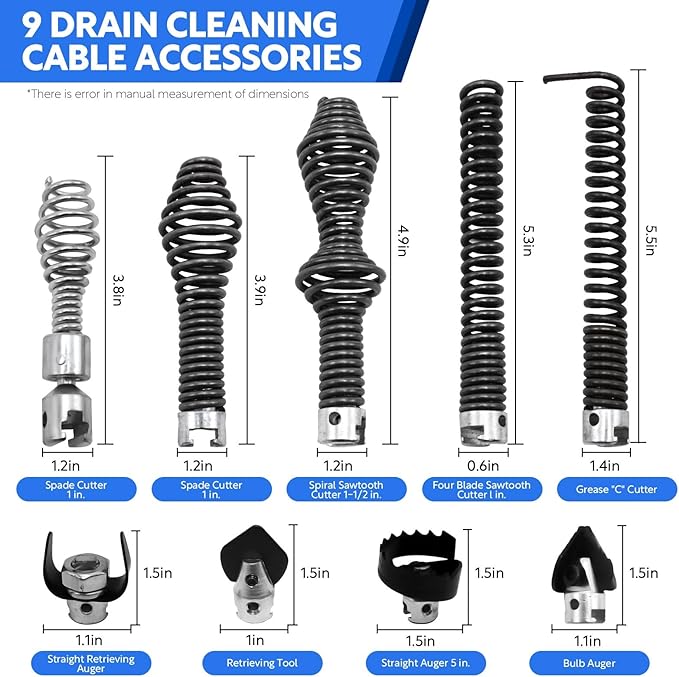 10-Piece Drain Snake Drill Attachment Kit，Drain Auger Cutter Kit,Compatible with K-400,C-4,C-6,C-7,C-8,and C-9 Models， Includes 4 Cutters and 5 Spirals